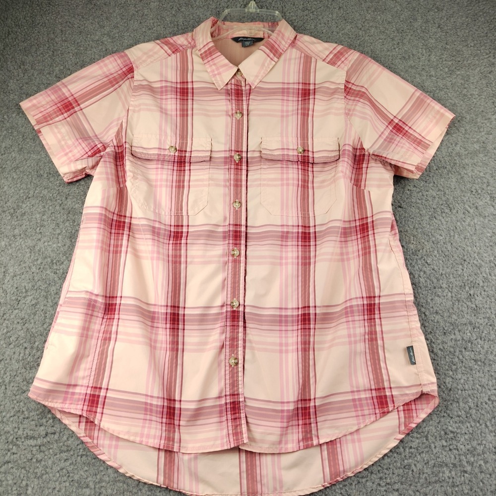 Eddie Bauer Button Up Shirt Sz Large Womens Plaid Pink Short Sleeve Hiking EUC
